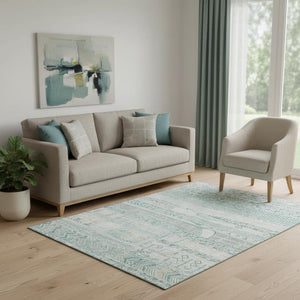 HomeRoots 5' X 8' Striped Teal and Gray Washable Area Rug with UV Protection for Durable Everyday Use 705229
