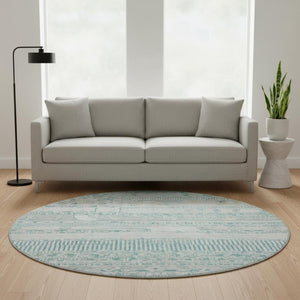 HomeRoots 8' Stylish Teal and Gray Striped Round Washable Rug with UV Protection and Non-Slip Backing 705230