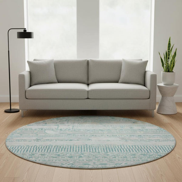 HomeRoots 8' Stylish Teal and Gray Striped Round Washable Rug with UV Protection and Non-Slip Backing 705230