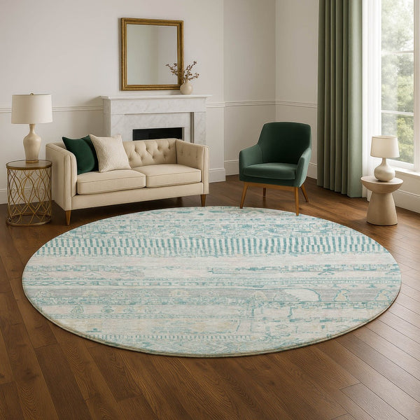 HomeRoots 8' Stylish Teal and Gray Striped Round Washable Rug with UV Protection and Non-Slip Backing 705230
