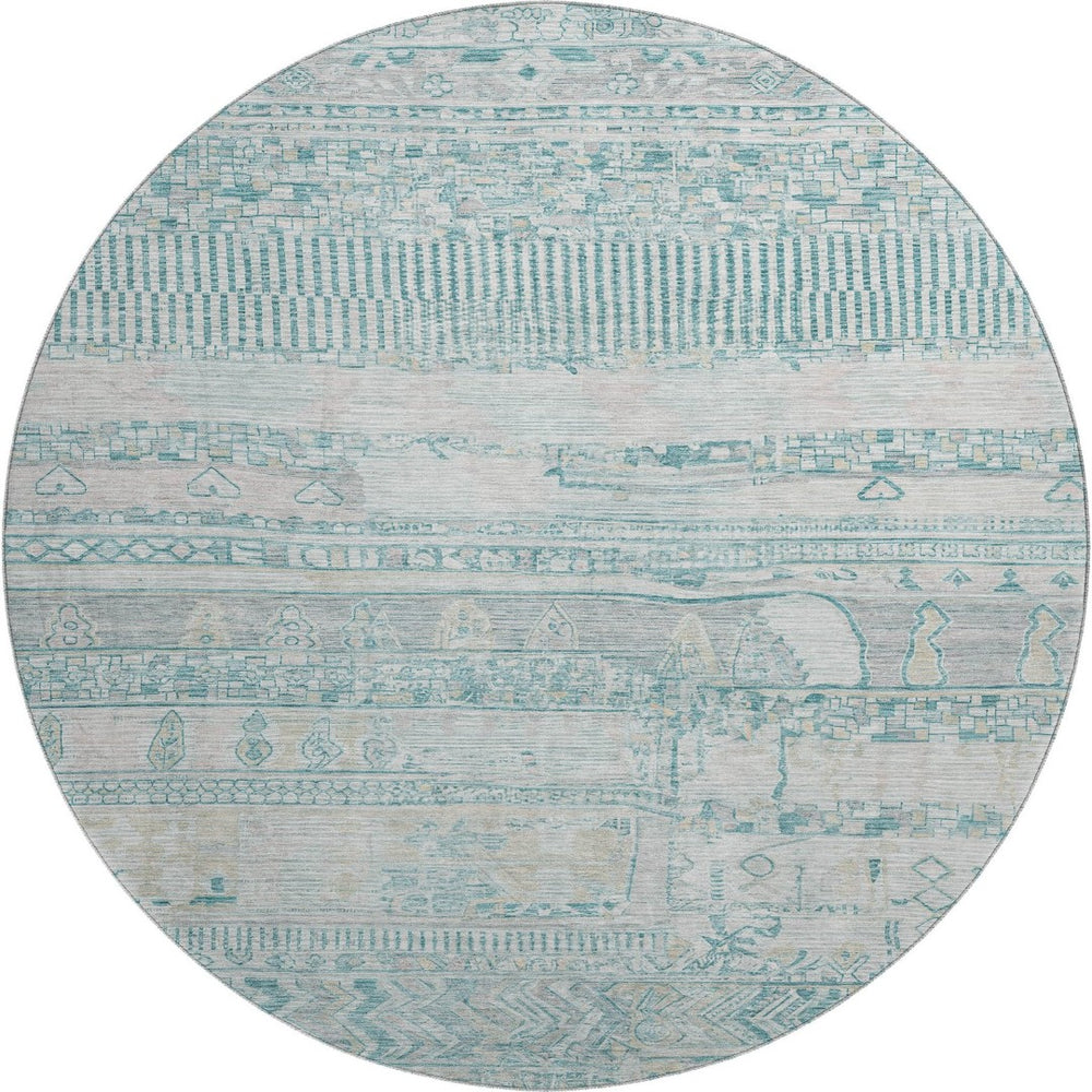 HomeRoots 8' Stylish Teal and Gray Striped Round Washable Rug with UV Protection and Non-Slip Backing 705230