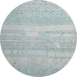 HomeRoots 8' Stylish Teal and Gray Striped Round Washable Rug with UV Protection and Non-Slip Backing 705230
