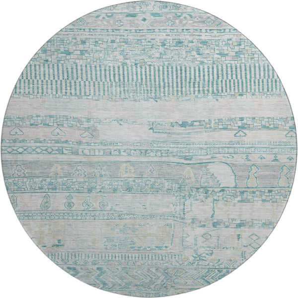 HomeRoots 8' Stylish Teal and Gray Striped Round Washable Rug with UV Protection and Non-Slip Backing 705230