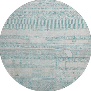 HomeRoots 8' Stylish Teal and Gray Striped Round Washable Rug with UV Protection and Non-Slip Backing 705230