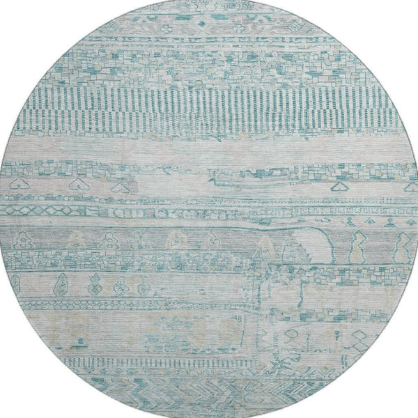 HomeRoots 8' Stylish Teal and Gray Striped Round Washable Rug with UV Protection and Non-Slip Backing 705230