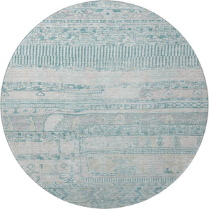HomeRoots 8' Stylish Teal and Gray Striped Round Washable Rug with UV Protection and Non-Slip Backing 705230