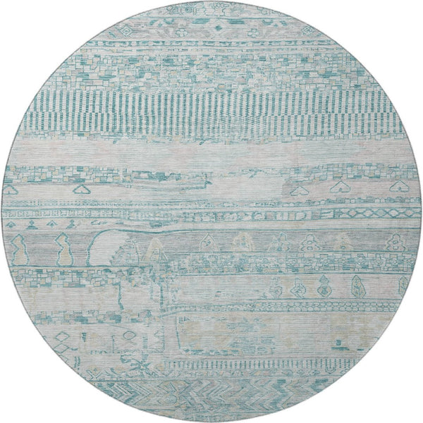 HomeRoots 8' Stylish Teal and Gray Striped Round Washable Rug with UV Protection and Non-Slip Backing 705230