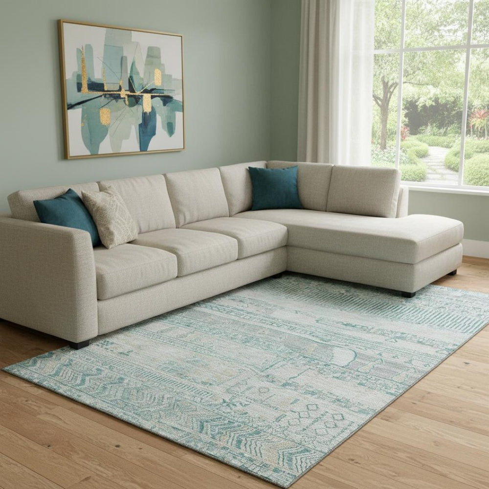HomeRoots 8' X 10' Stylish Teal & Gray Striped Washable Area Rug with UV Protection for Home & Patio Use 705231