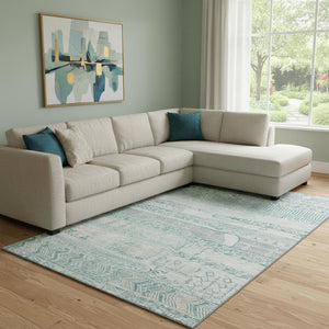 HomeRoots 8' X 10' Stylish Teal & Gray Striped Washable Area Rug with UV Protection for Home & Patio Use 705231