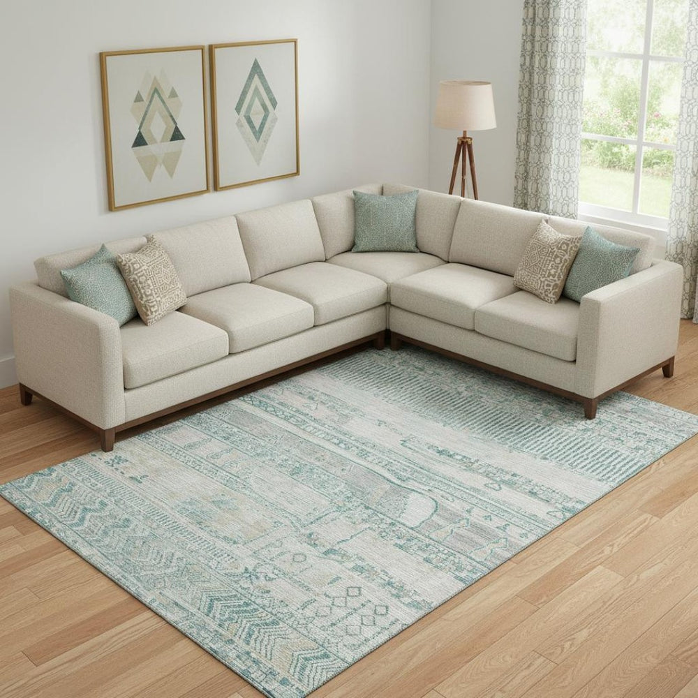 HomeRoots 9' X 12' Teal and Gray Striped Area Rug - Washable, UV-Protected, Stain-Resistant for Busy Homes 705232