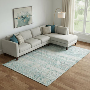 HomeRoots 10' X 14' Teal and Gray Striped Area Rug - Washable, UV-Protected, Durable for Modern Living Spaces 705233
