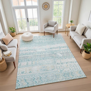 HomeRoots 10' X 14' Teal and Gray Striped Area Rug - Washable, UV-Protected, Durable for Modern Living Spaces 705233