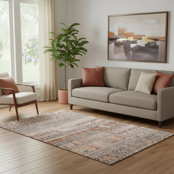 HomeRoots 5' X 8' Striped Terra Cotta & Gray Washable Area Rug with UV Protection for Easy Care & Style 705235
