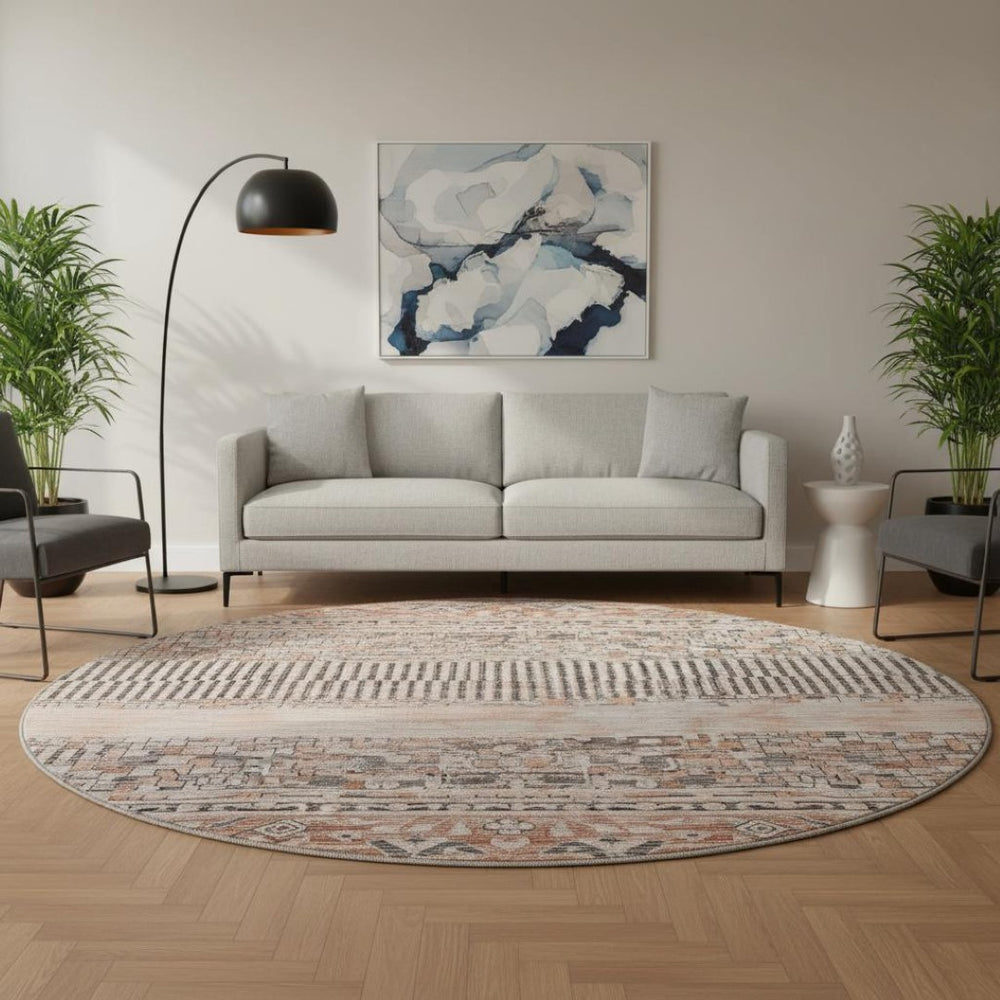 HomeRoots 8' Striped Terra Cotta and Gray Washable Round Rug with UV Protection for Easy Care & Style 705236