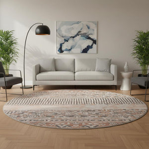 HomeRoots 8' Striped Terra Cotta and Gray Washable Round Rug with UV Protection for Easy Care & Style 705236