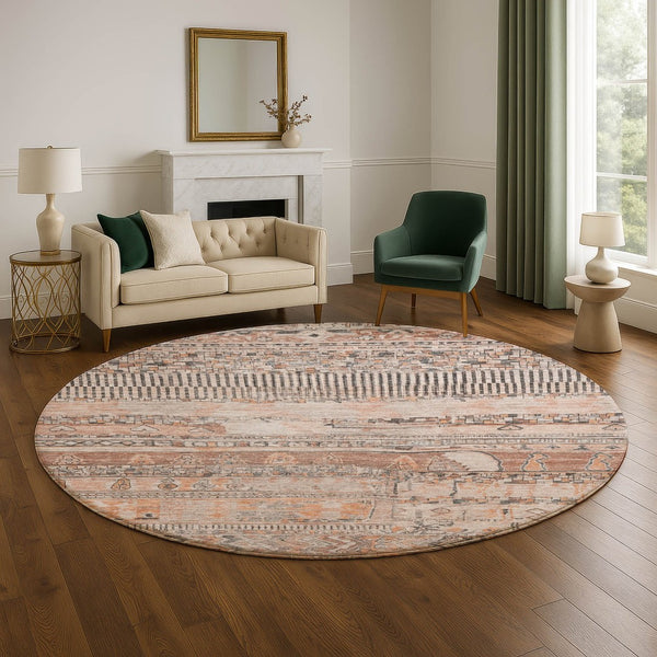 HomeRoots 8' Striped Terra Cotta and Gray Washable Round Rug with UV Protection for Easy Care & Style 705236