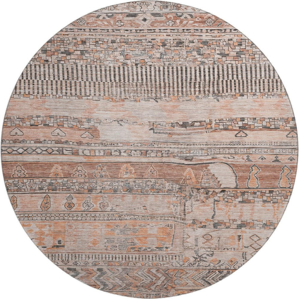 HomeRoots 8' Striped Terra Cotta and Gray Washable Round Rug with UV Protection for Easy Care & Style 705236