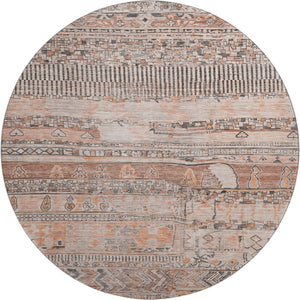 HomeRoots 8' Striped Terra Cotta and Gray Washable Round Rug with UV Protection for Easy Care & Style 705236