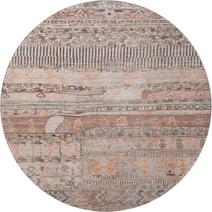 HomeRoots 8' Striped Terra Cotta and Gray Washable Round Rug with UV Protection for Easy Care & Style 705236