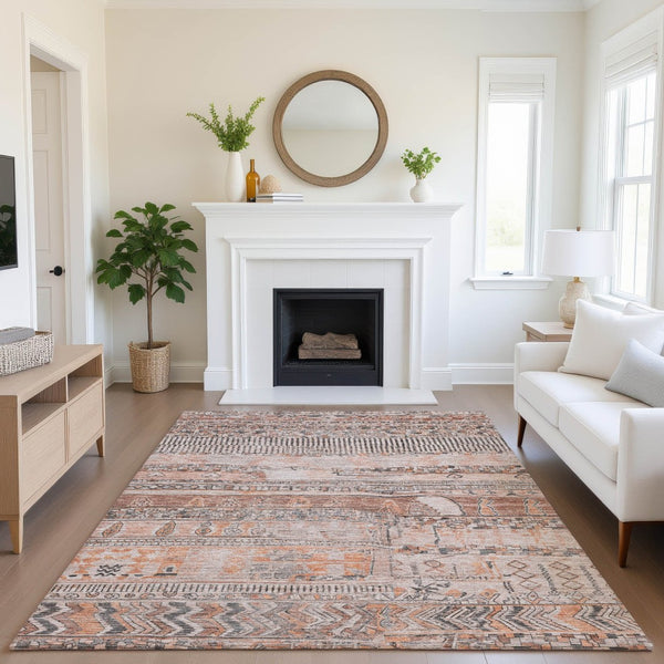 HomeRoots 8' X 10' Stylish Terra Cotta and Gray Striped Washable Area Rug with UV Protection for Every Space 705237