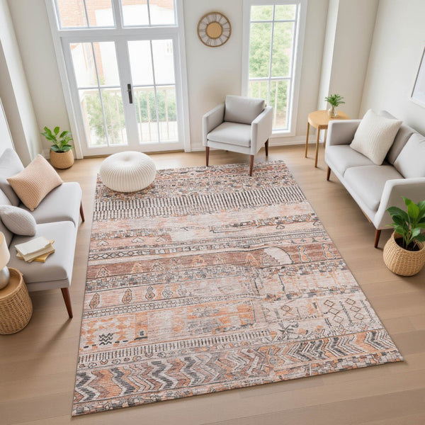 HomeRoots 8' X 10' Stylish Terra Cotta and Gray Striped Washable Area Rug with UV Protection for Every Space 705237