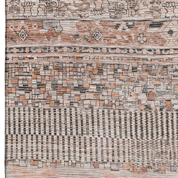 HomeRoots 8' X 10' Stylish Terra Cotta and Gray Striped Washable Area Rug with UV Protection for Every Space 705237