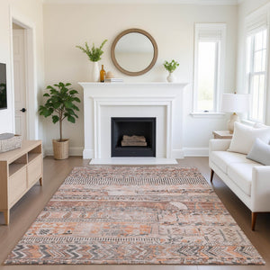 HomeRoots 9' X 12' Washable Terra Cotta and Gray Striped Area Rug with UV Protection for Busy Households 705238