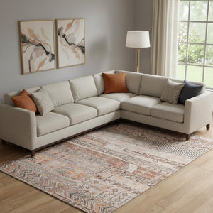 HomeRoots 10' X 14' Terra Cotta & Gray Striped Washable Area Rug - UV Protected, Stain-Resistant & Durable Design 705239