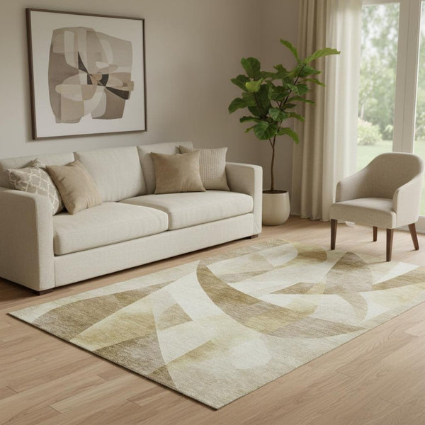 HomeRoots 5' X 8' Cozy Brown Beige Ivory Abstract Geometric Washable Rug with UV Protection & Stain Resistance 705241