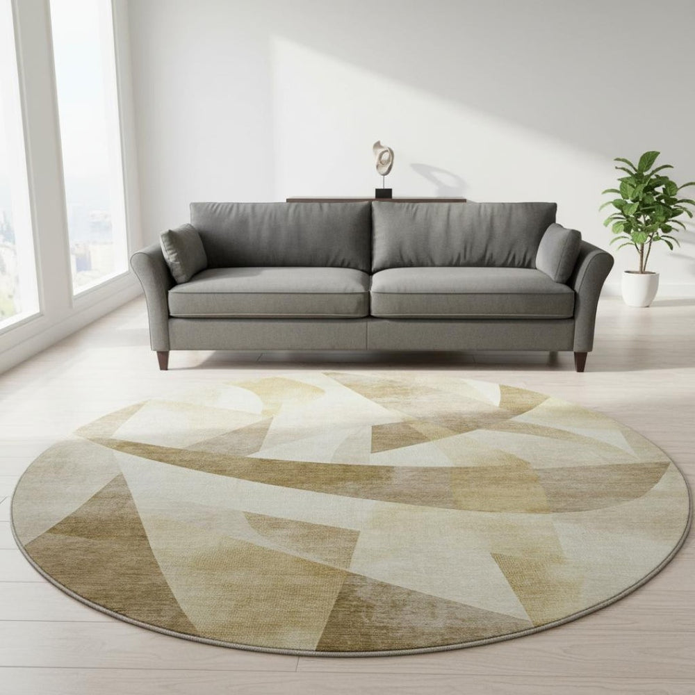 HomeRoots 8' Stylish Brown Beige Ivory Abstract Geometric Round Rug - Washable, UV-Protected & Pet-Friendly! 705242