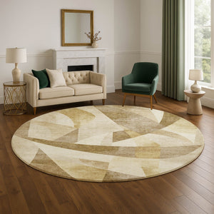 HomeRoots 8' Stylish Brown Beige Ivory Abstract Geometric Round Rug - Washable, UV-Protected & Pet-Friendly! 705242