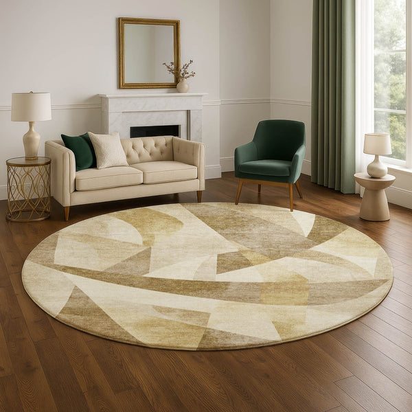 HomeRoots 8' Stylish Brown Beige Ivory Abstract Geometric Round Rug - Washable, UV-Protected & Pet-Friendly! 705242