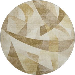 HomeRoots 8' Stylish Brown Beige Ivory Abstract Geometric Round Rug - Washable, UV-Protected & Pet-Friendly! 705242
