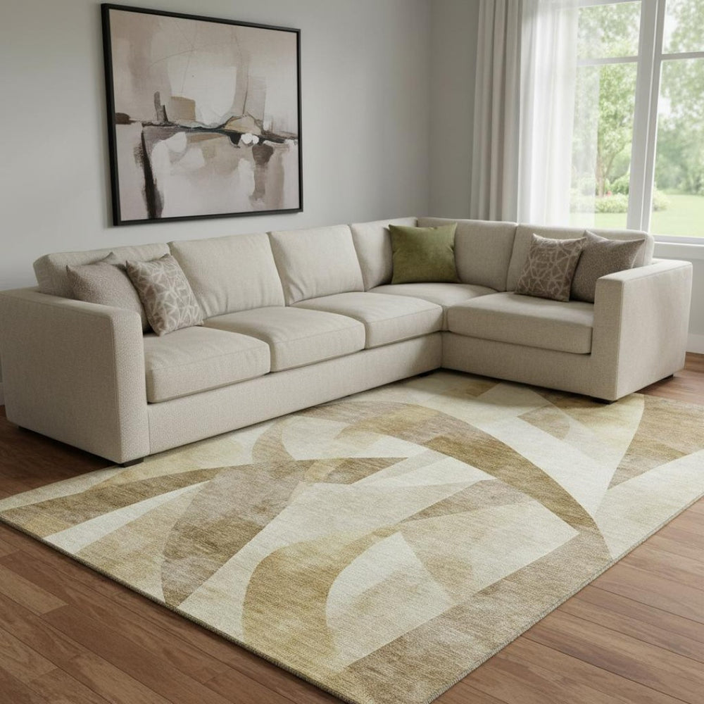 HomeRoots 8' X 10' Washable Abstract Geometric Area Rug in Brown, Beige & Ivory - UV Protected & Durable Design 705243