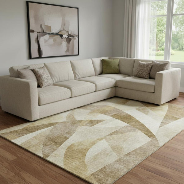 HomeRoots 8' X 10' Washable Abstract Geometric Area Rug in Brown, Beige & Ivory - UV Protected & Durable Design 705243