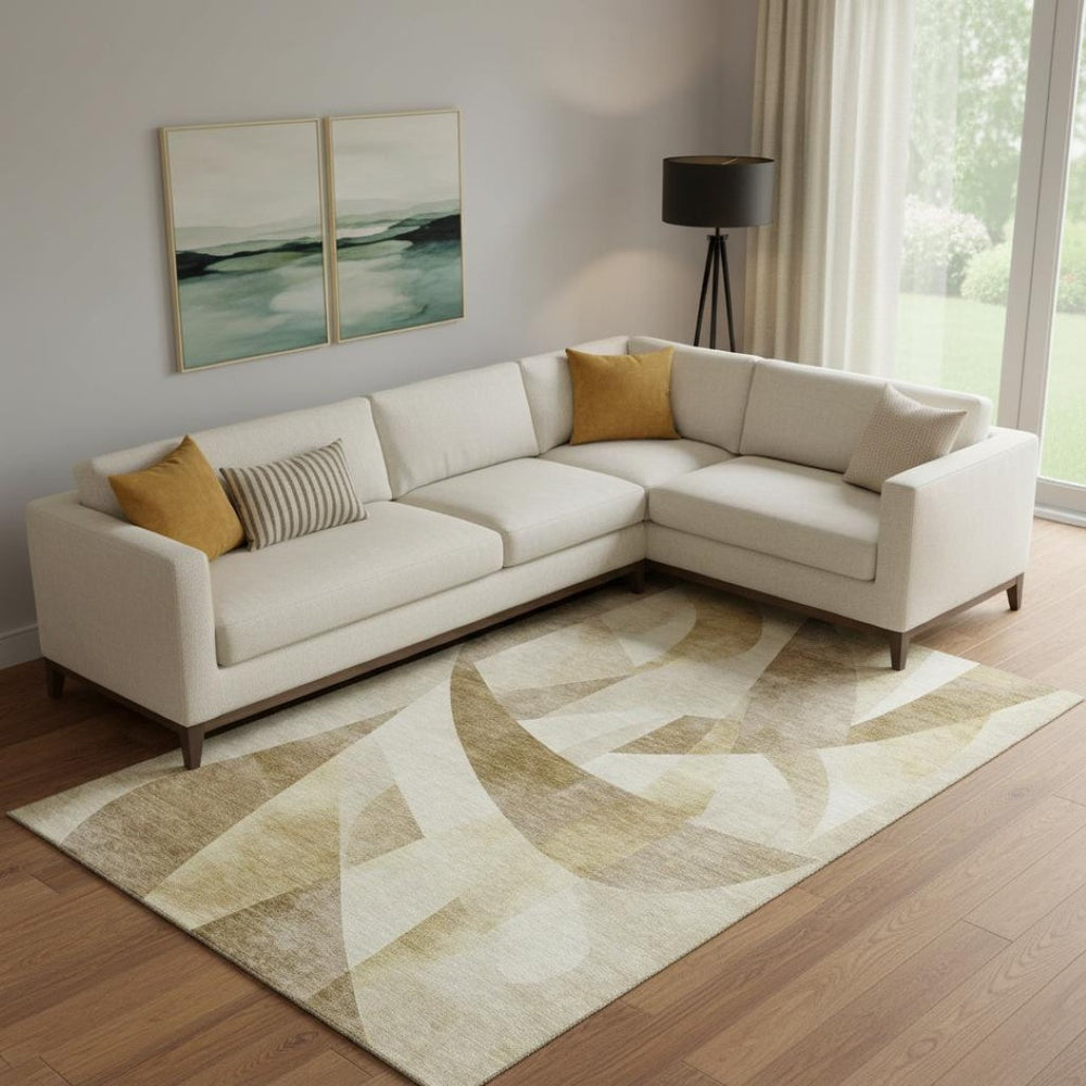 HomeRoots 10' Abstract Geometric Area Rug in Brown, Beige & Ivory - Washable, UV-Protected, Non-Slip Design! 705245