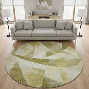 HomeRoots 8' Washable Round Area Rug with Geometric Pattern - Green, Beige, Ivory, UV Protection & Non-Slip Backing 705248