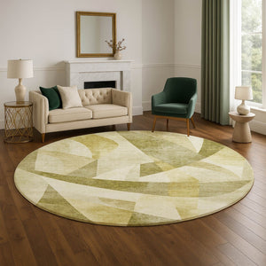 HomeRoots 8' Washable Round Area Rug with Geometric Pattern - Green, Beige, Ivory, UV Protection & Non-Slip Backing 705248