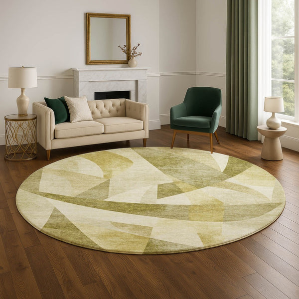 HomeRoots 8' Washable Round Area Rug with Geometric Pattern - Green, Beige, Ivory, UV Protection & Non-Slip Backing 705248