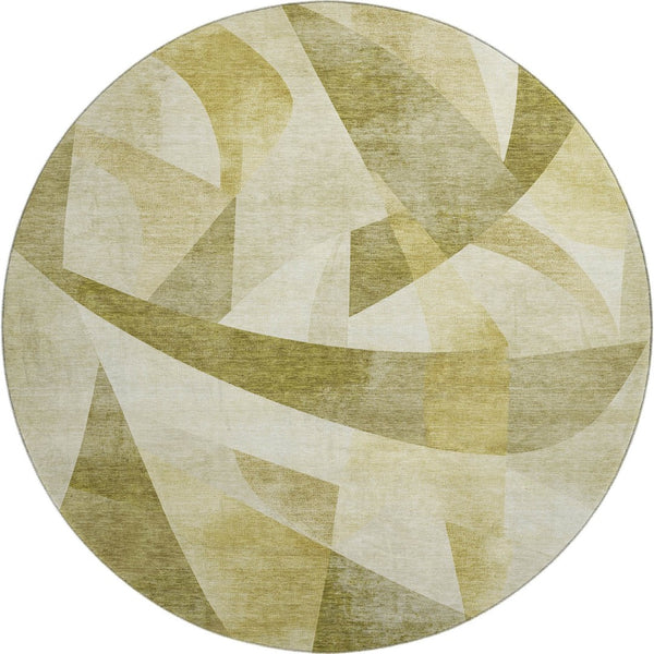 HomeRoots 8' Washable Round Area Rug with Geometric Pattern - Green, Beige, Ivory, UV Protection & Non-Slip Backing 705248