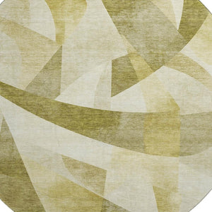 HomeRoots 8' Washable Round Area Rug with Geometric Pattern - Green, Beige, Ivory, UV Protection & Non-Slip Backing 705248