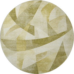 HomeRoots 8' Washable Round Area Rug with Geometric Pattern - Green, Beige, Ivory, UV Protection & Non-Slip Backing 705248