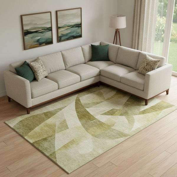HomeRoots 9' X 12' Stylish Green Beige Ivory Abstract Area Rug - Washable, UV Protected, Perfect for Homes! 705250