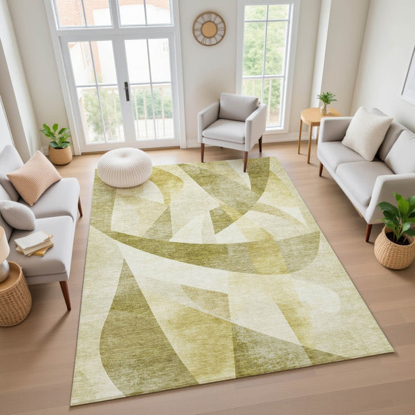 HomeRoots 9' X 12' Stylish Green Beige Ivory Abstract Area Rug - Washable, UV Protected, Perfect for Homes! 705250