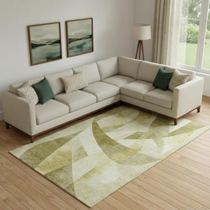 HomeRoots 10' X 14' Modern Abstract Geometric Area Rug in Green, Beige & Ivory - Stain Resistant & UV Protected 705251