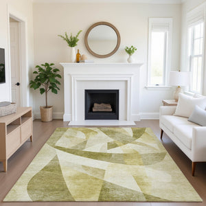 HomeRoots 10' X 14' Modern Abstract Geometric Area Rug in Green, Beige & Ivory - Stain Resistant & UV Protected 705251