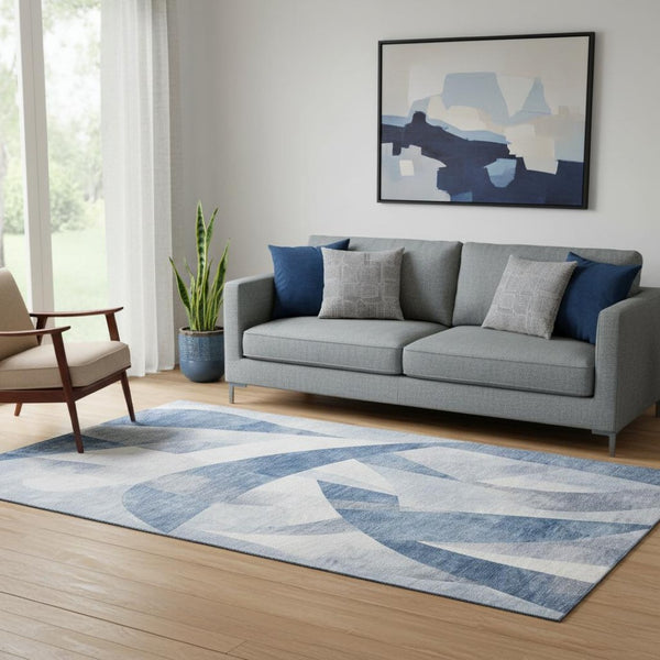 HomeRoots 5' X 8' Denim Blue & Ivory Abstract Geometric Area Rug - Durable, Washable, UV Protected & Stylish 705253
