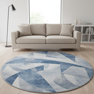 HomeRoots 8' Stylish Denim Blue & Ivory Abstract Round Rug - Washable, UV Protected, Perfect for Busy Homes! 705254