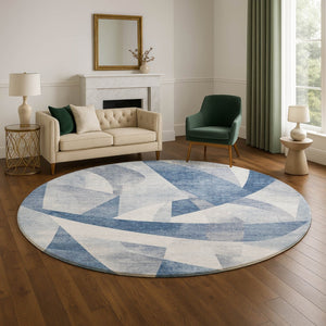 HomeRoots 8' Stylish Denim Blue & Ivory Abstract Round Rug - Washable, UV Protected, Perfect for Busy Homes! 705254