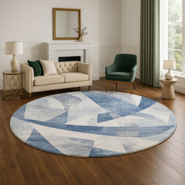 HomeRoots 8' Stylish Denim Blue & Ivory Abstract Round Rug - Washable, UV Protected, Perfect for Busy Homes! 705254